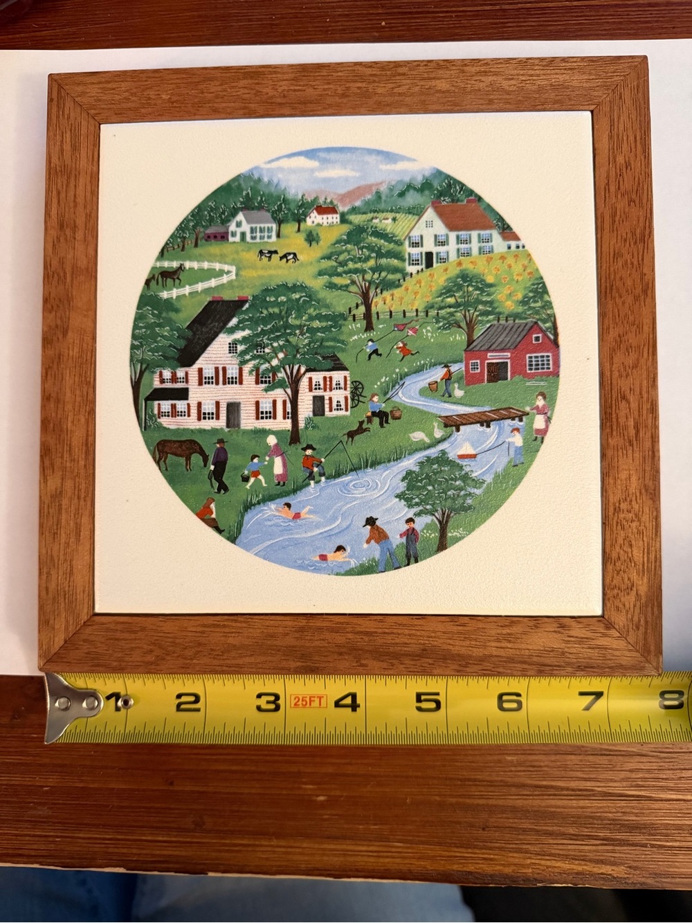 Framed Folk Art Country Scene trivet/wall artin Wood Frame - Multicolori